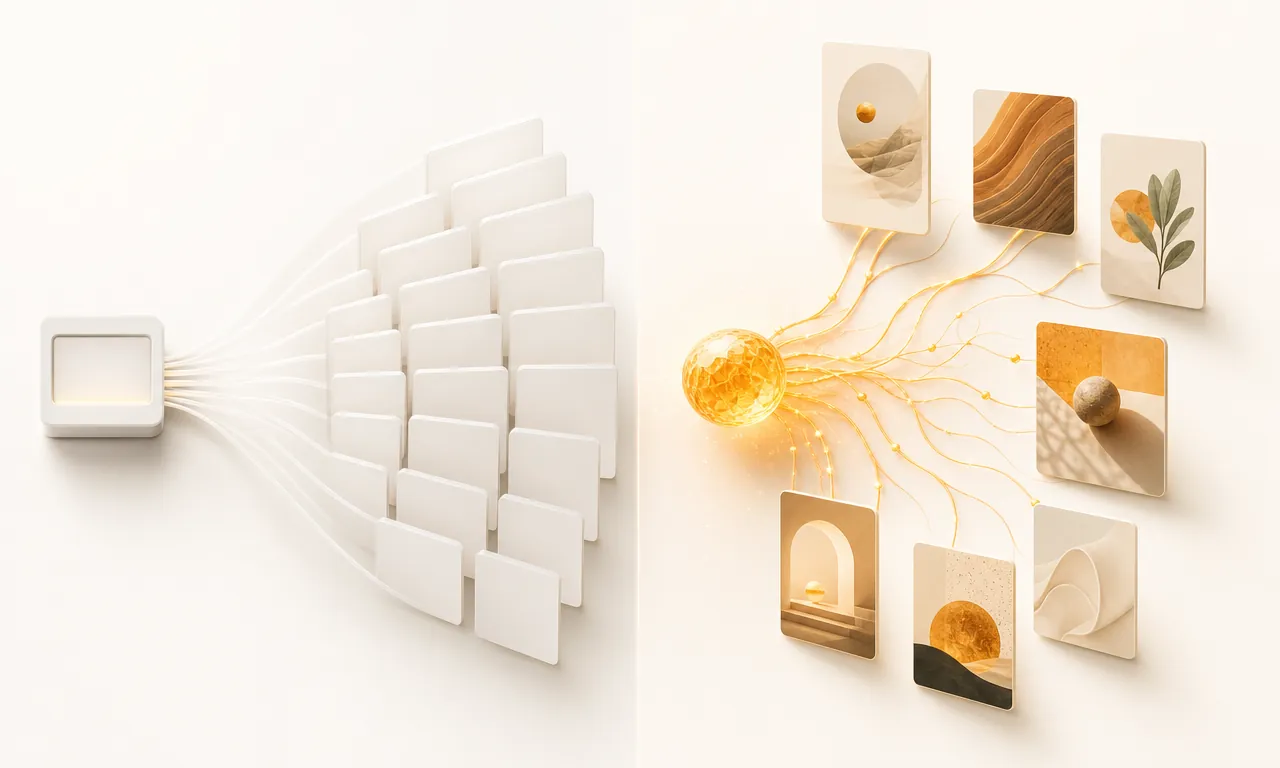Warm amber illustration contrasting a broad team AI marketing suite with RiseMore's focused product-context-driven agent workflow.