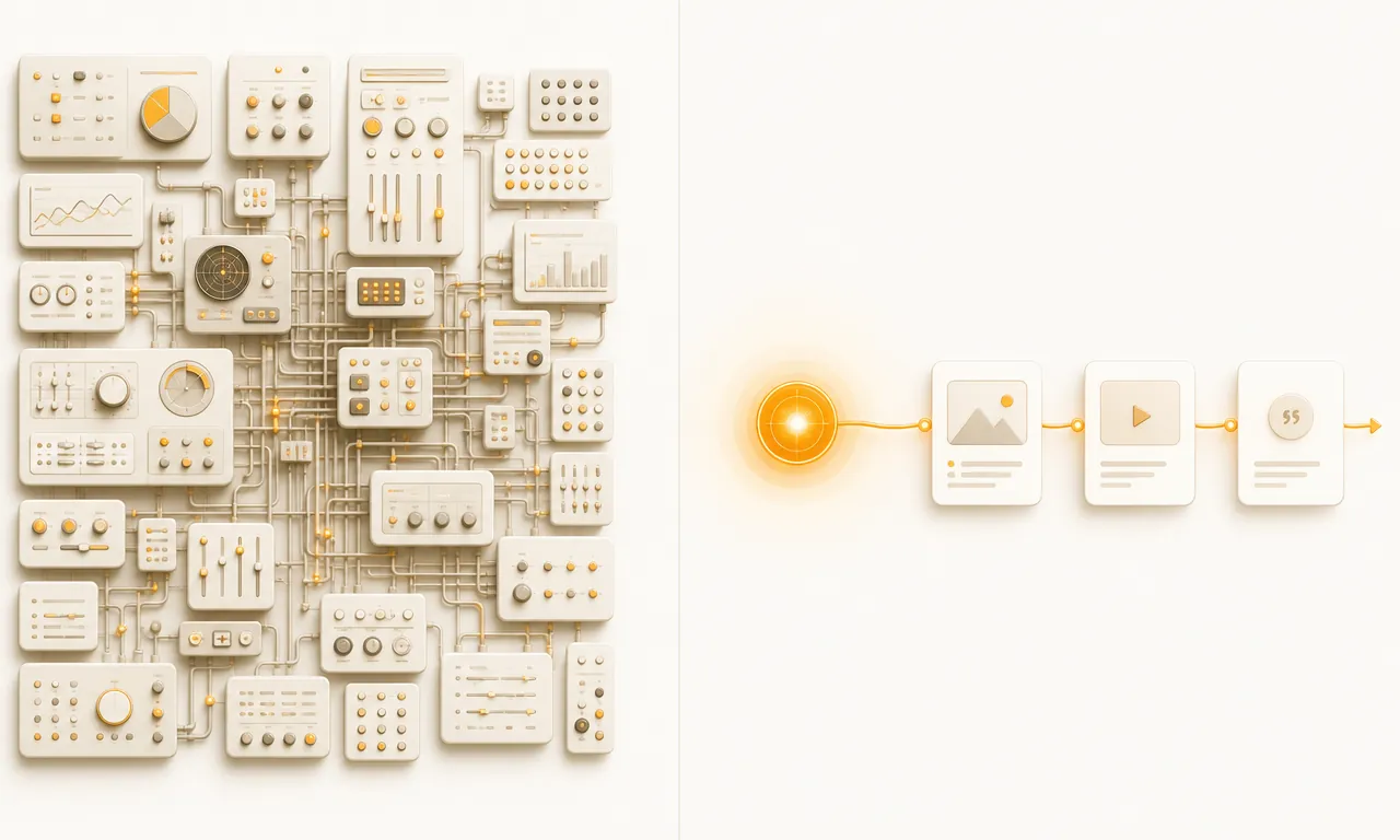 Warm amber illustration comparing a broad AI CMO suite with RiseMore's focused product-context and approval workflow.