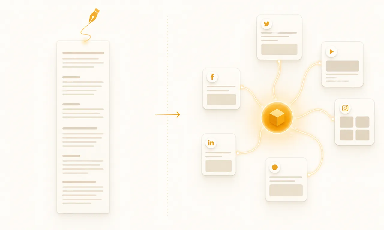 Warm amber illustration contrasting a Twitter thread editor with RiseMore's product-context-driven approval workflow across X, LinkedIn, and blog.