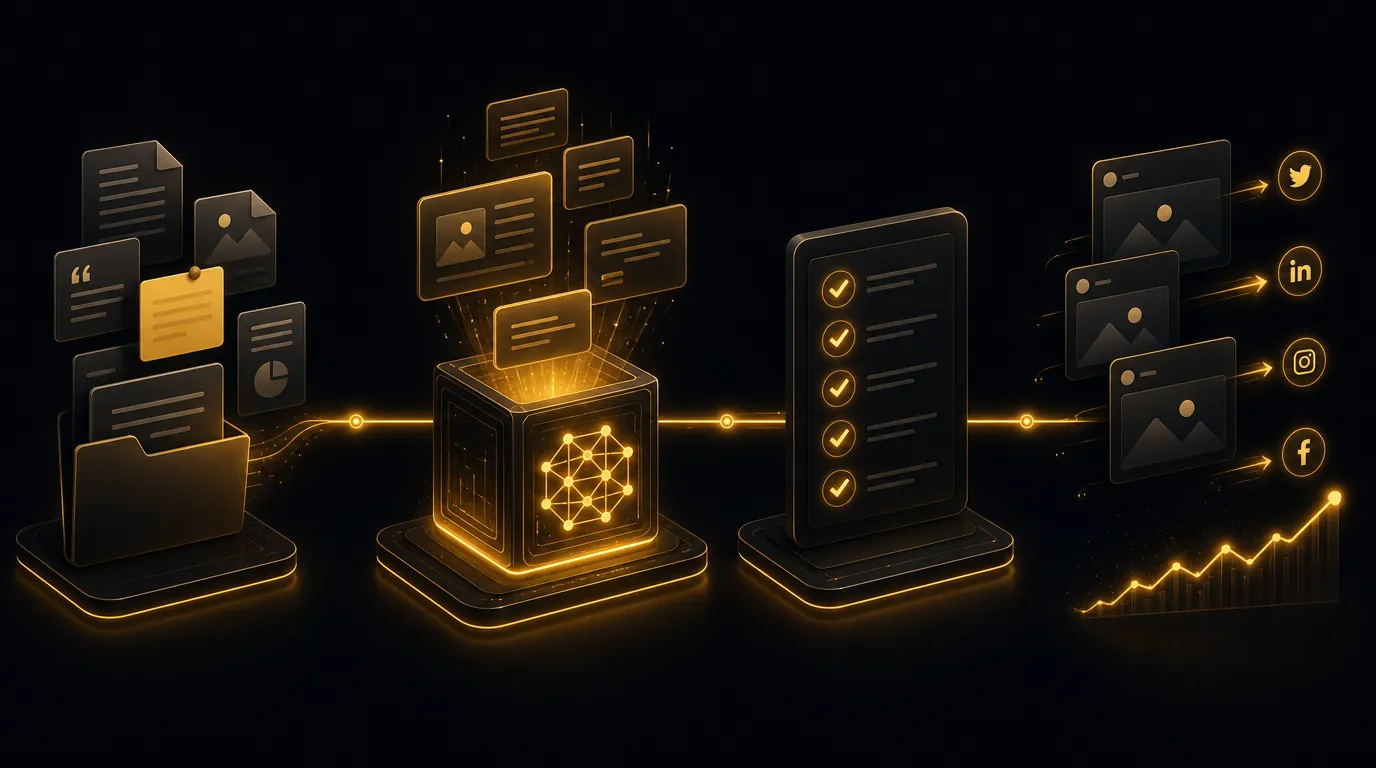 The vibe marketing pipeline: collected note cards, an AI spark generating content, an approval checklist with checkmarks, and posts publishing out to social platforms with a rising growth bar.