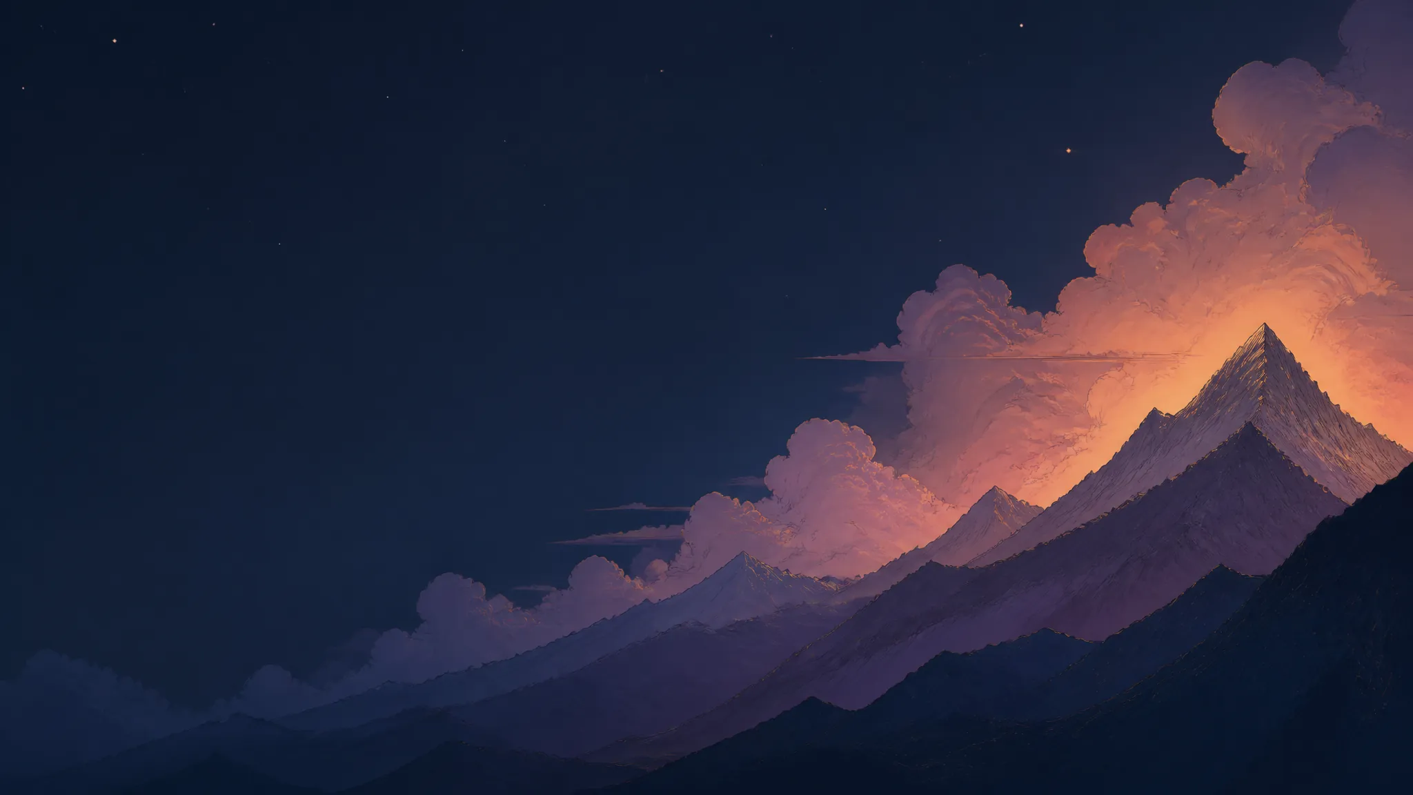 Hand-drawn mountain ridges rising from left to right under a dark twilight sky